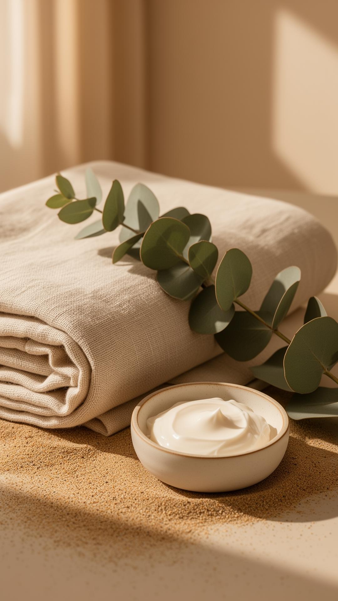 Calm skincare studio detail with linen, eucalyptus and a ceramic bowl of cream
